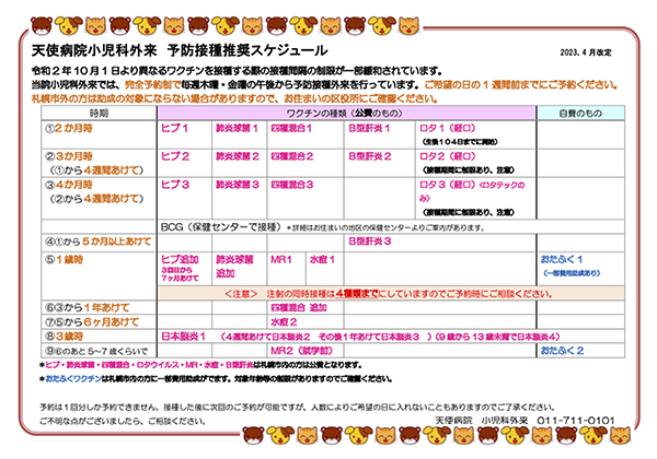 天使病院予防接種推奨スケジュール